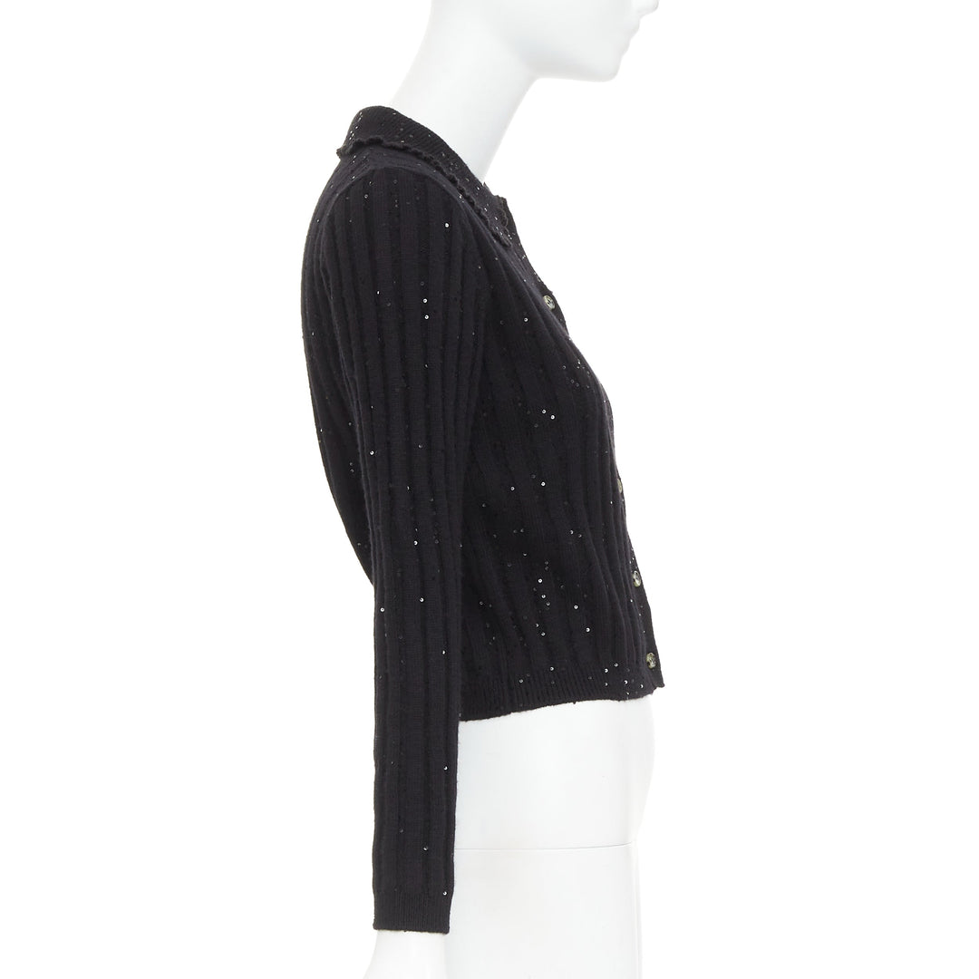 SHUSHU TONG black sequins wool cotton blend logo crop cardigan UK6 XS