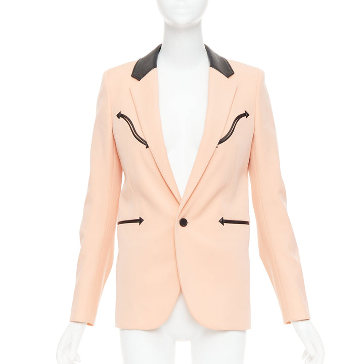 SAINT LAURENT 2018 peach pink wool black leather trim blazer jacket FR36 S