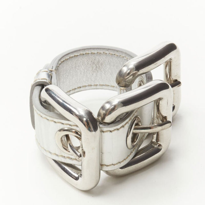 MIU MIU mirrored silver leather XL buckle punk cuff bracelet