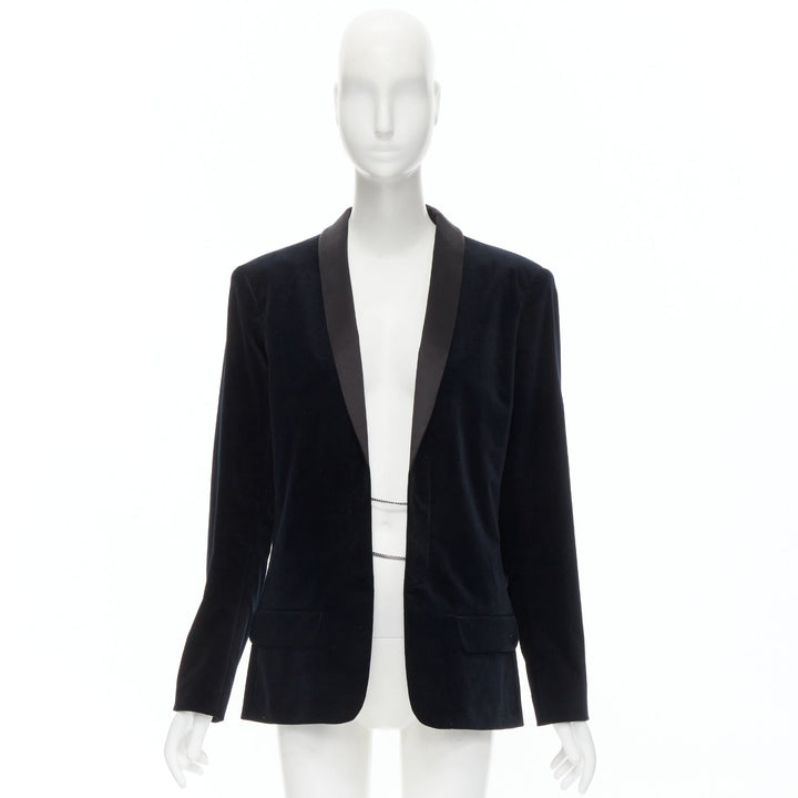 Runway CHANEL 18A Paris Hamburg Metier D'art navy velvet tuxedo blazer FR46