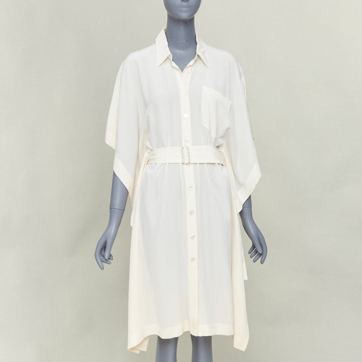 HERMES ivory silk kimono kaften sleeves belted shirt dress FR40 S