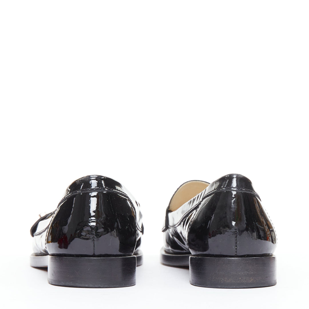 CHANEL black patent leather interlocking CC logo loafers EU36.5