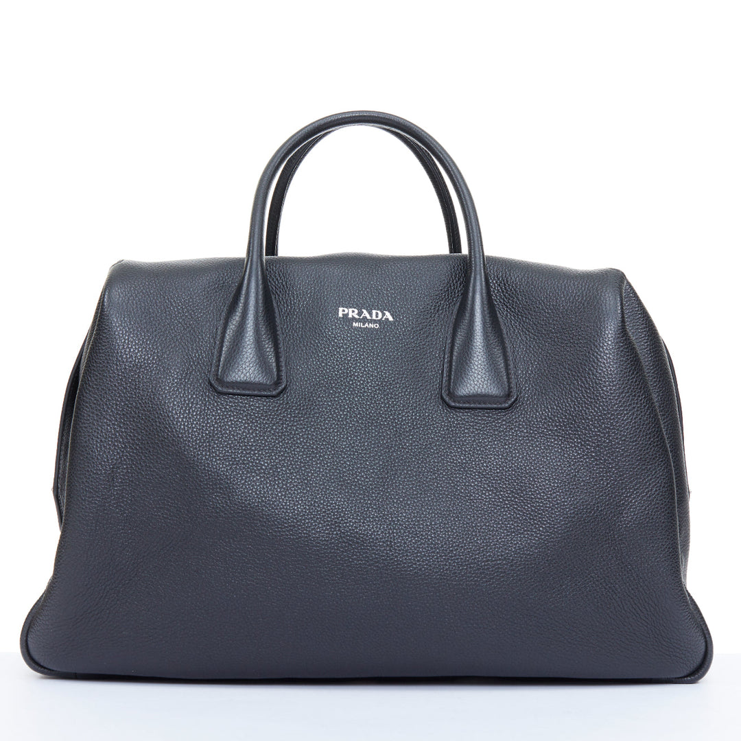 PRADA Vitello Daino metal logo black pebbled calfskin travel weekender tote bag