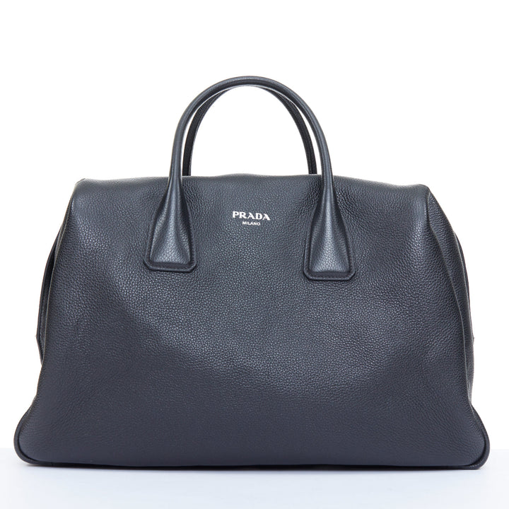 PRADA Vitello Daino metal logo black pebbled calfskin travel weekender tote bag