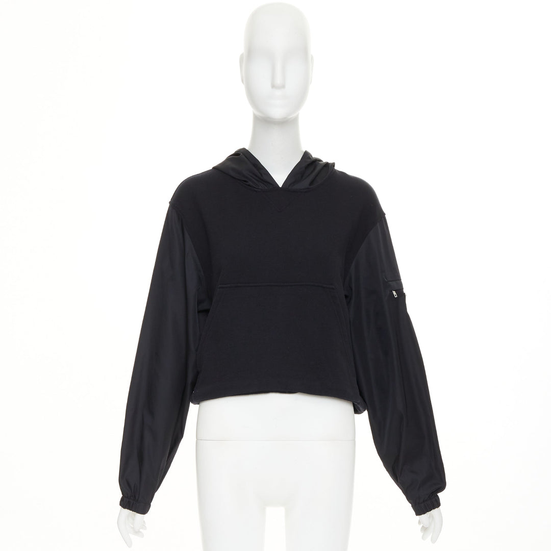 PRADA 2021 black Re-Nylon sleeve triangle logo cotton cropped hoodie M