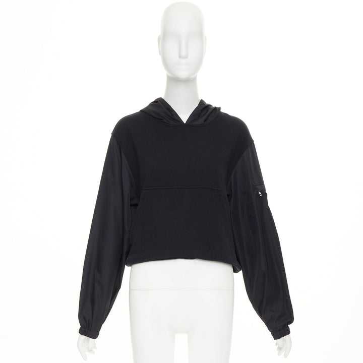 PRADA 2021 black Re-Nylon sleeve triangle logo cotton cropped hoodie M