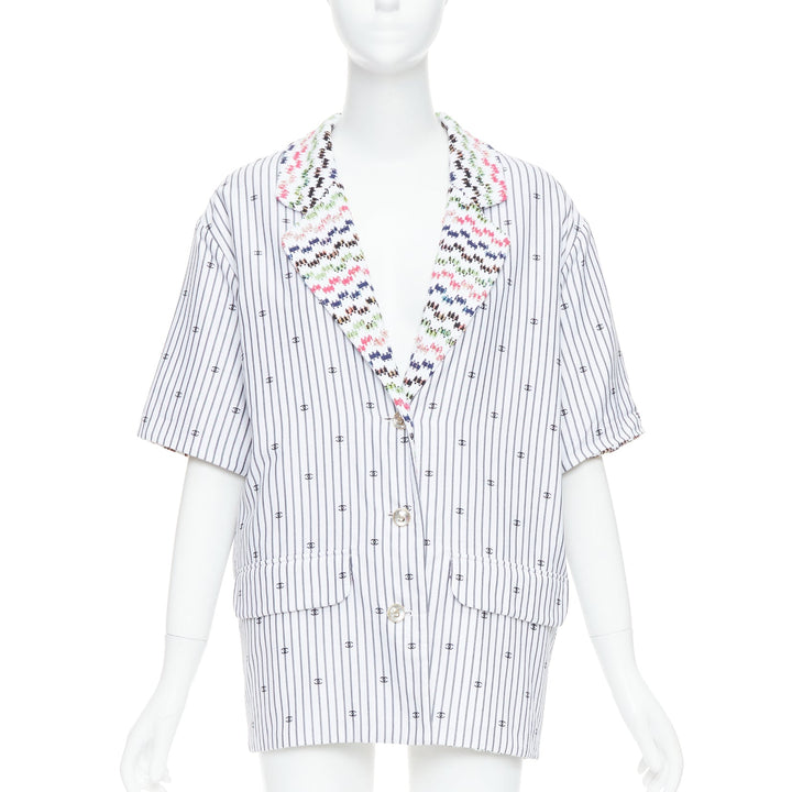 CHANEL 2021 multicolor tweed white CC logo stripe short sleeve jacket FR38 M