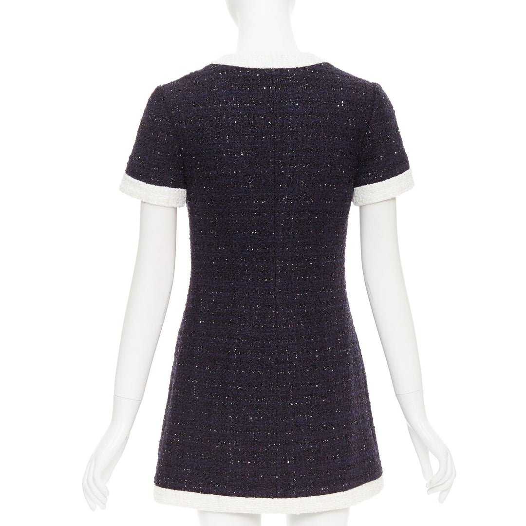 VALENTINO 2023 Retro Mini cream navy boucle tweed V logo mini dress IT38 XS