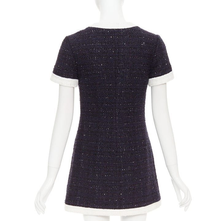 VALENTINO 2023 Retro Mini cream navy boucle tweed V logo mini dress IT38 XS