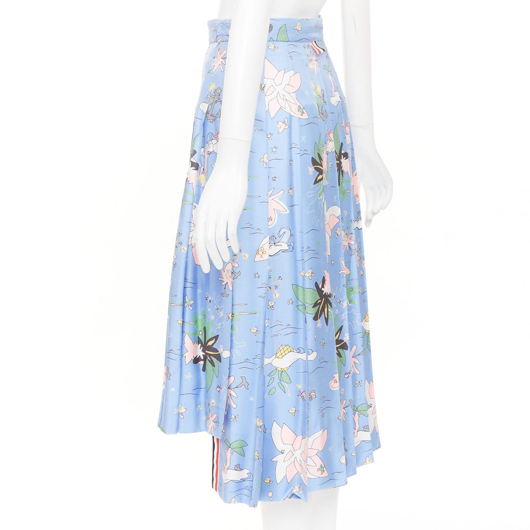 THOM BROWNE blue cartoon beach island pleated side slit raw silk skirt IT38 XS