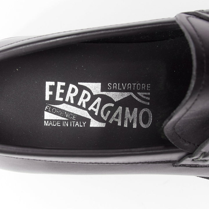 SALVATORE FERRAGAMO Gancini black leather logo buckles lug sole loafer UK8 EU42
