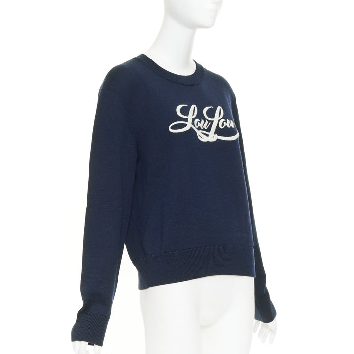 SAINT LAURENT 2017 LouLou Script navy wool cream embroidered crew neck sweater M