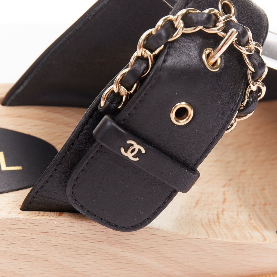 CHANEL 2018 black calfskin leather chain buckle wooden slide wedge  sandals EU38