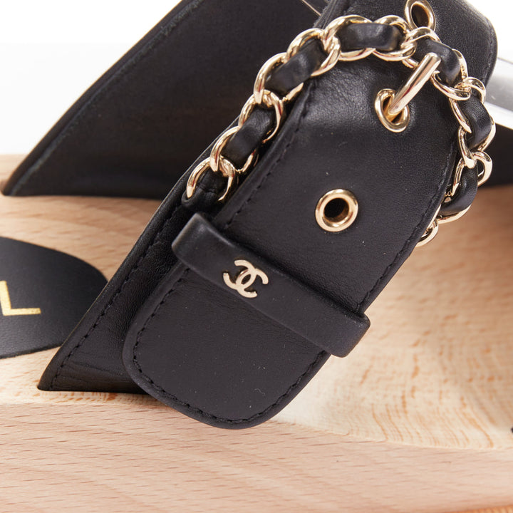 CHANEL 2018 black calfskin leather chain buckle wooden slide wedge  sandals EU38