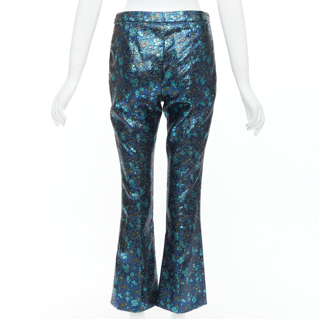 PRADA metallic blue green floral lurex brocade crop pants trousers IT38 XS