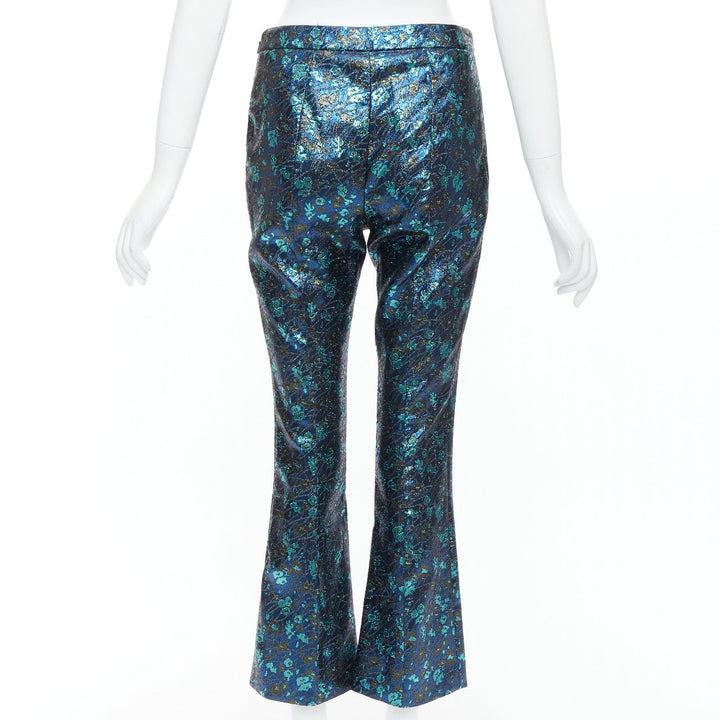 PRADA metallic blue green floral lurex brocade crop pants trousers IT38 XS