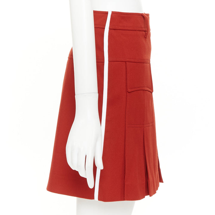 PRADA 2019 red virgin wool white trim utility pocket pleated mini skirt IT38 XS