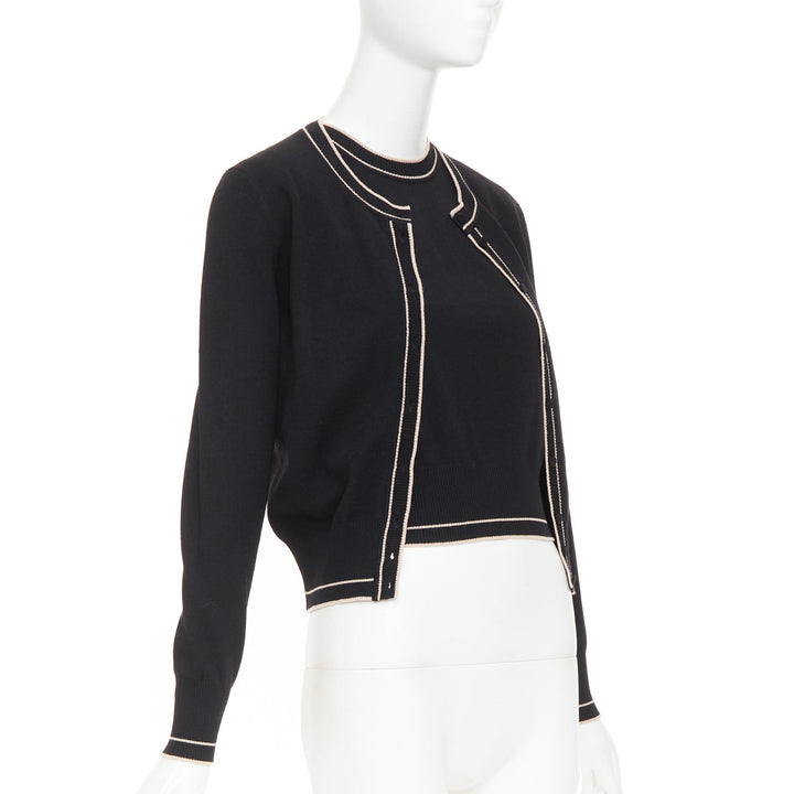 ALAIA black beige virgin wool blend contrast trim cardigan sleeveless top M