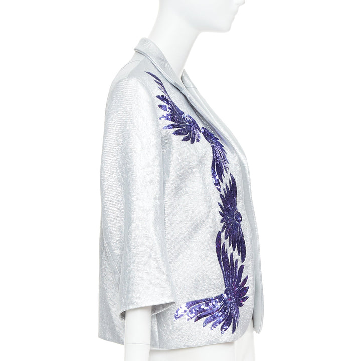 DRIES VAN NOTEN 2016 Runway metallic silver purple sequin wing blazer FR34 XS