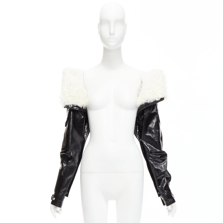 rare SAINT LAURENT Runway black leather white shearling foldover sleeves