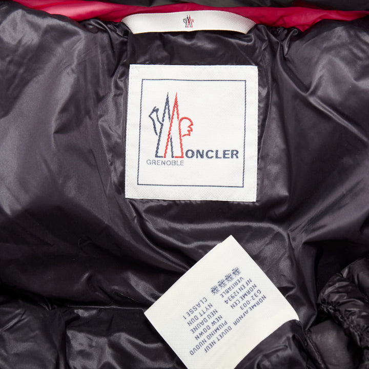 MONCLER Grenoble pink nylon black trim down filled puffer ski jacket Sz1 S