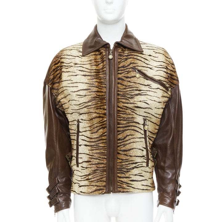 GIANNI VERSACE 1992 Vintage S&M bondage buckle Tiger bomber jacket IT48 M