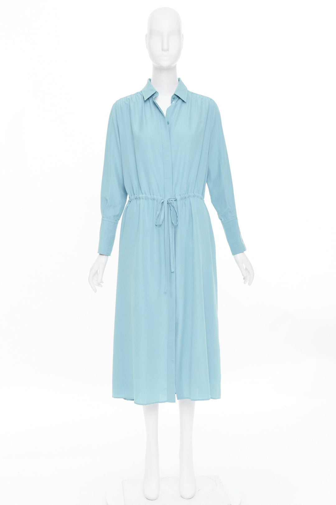JOSEPH powder blue silk drawstring waist long sleeve button shirt dress FR34 XS