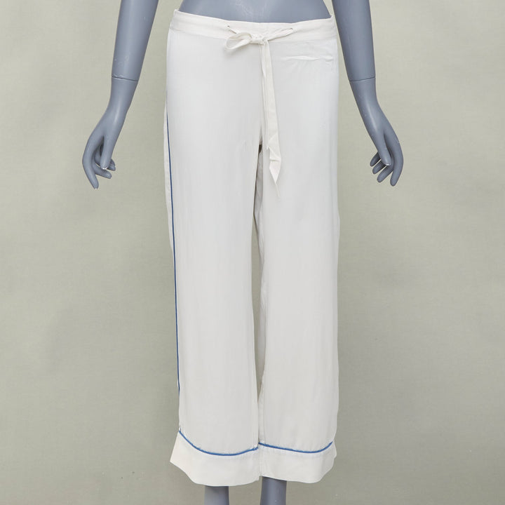 OLIVIA VON HALLE Coco ivory off white blue piping silk sleepwear set Sz1 S