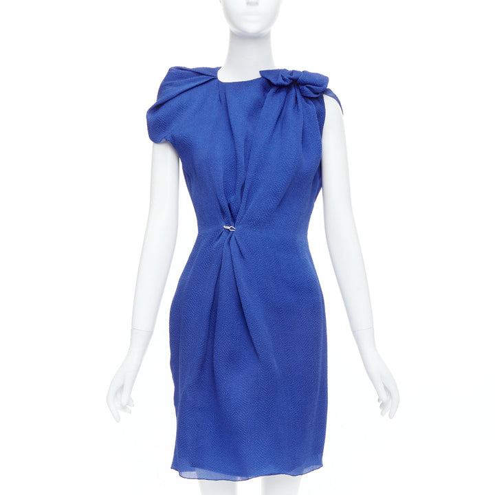 LANVIN 2009 100% silk blue asymmetric bow knot hook drape dress FR36 S