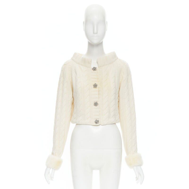 ANNA MOLINARI wool angora cream knit crystal button fur cuff cardigan IT40 S