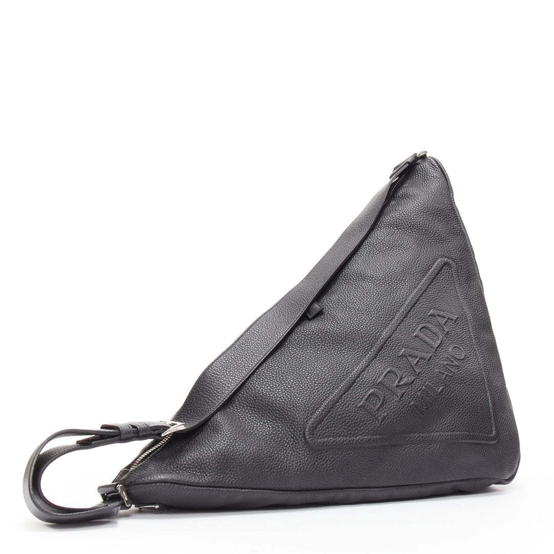 PRADA Triangle black textured leather big logo large messenger shoulder bag