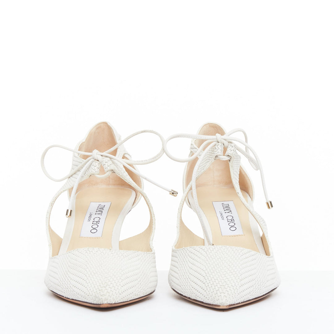 JIMMY CHOO Vanessa white textured suede leather tie bridal pump EU38.5