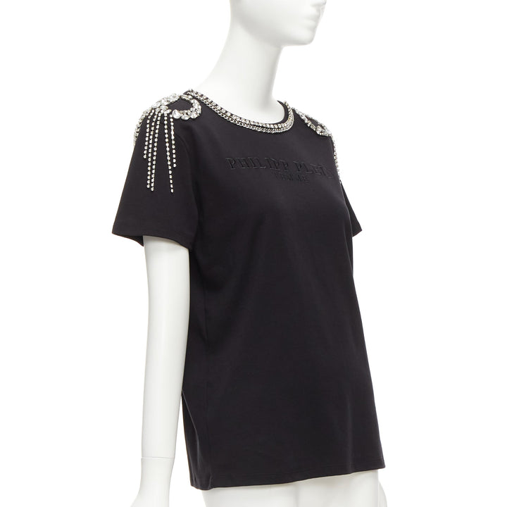 PHILLIP PLEIN black logo embroidery clear crystal fringe embellished tshirt XS