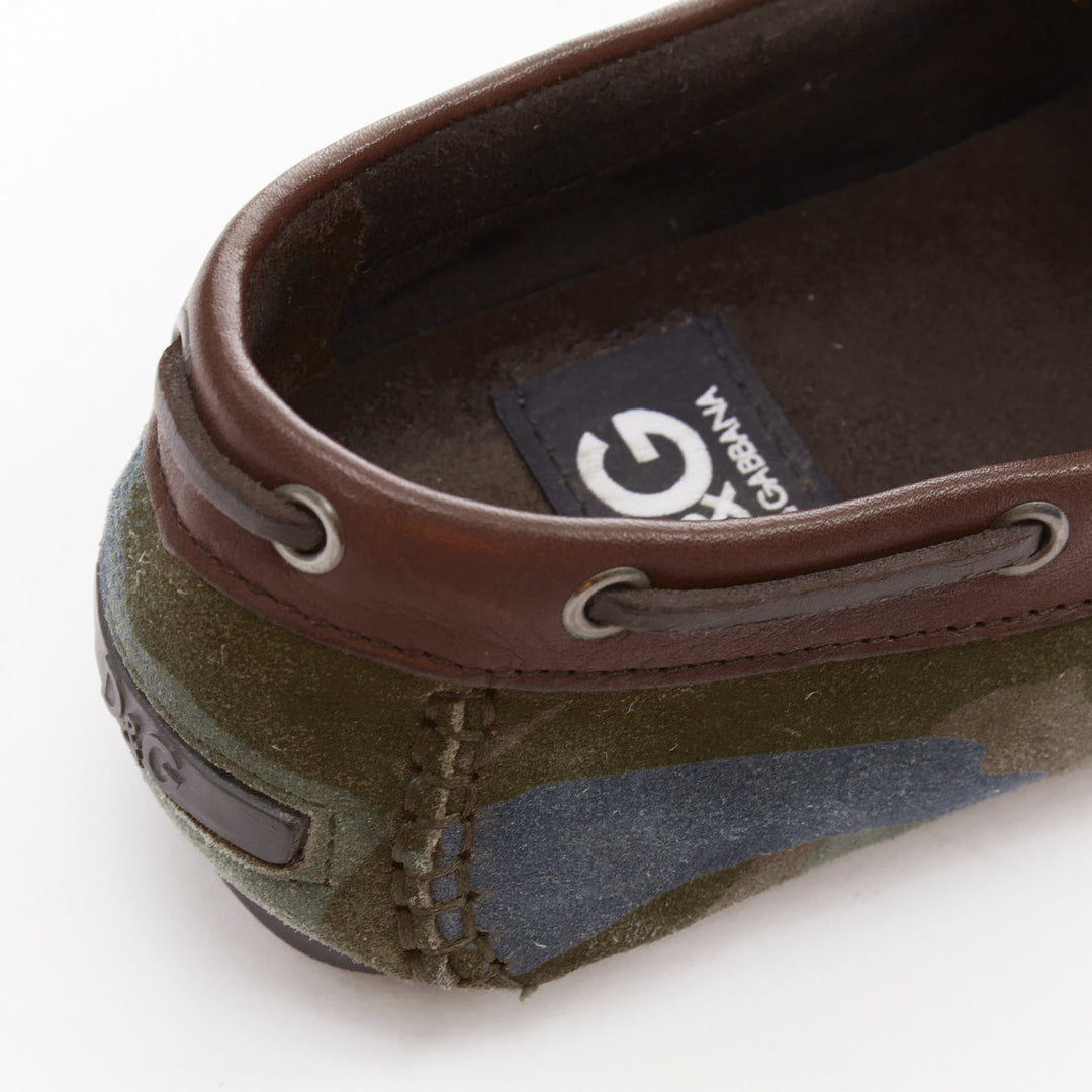 DOLCE GABBANA green brown camouflage suede driving loaers shoes EU39