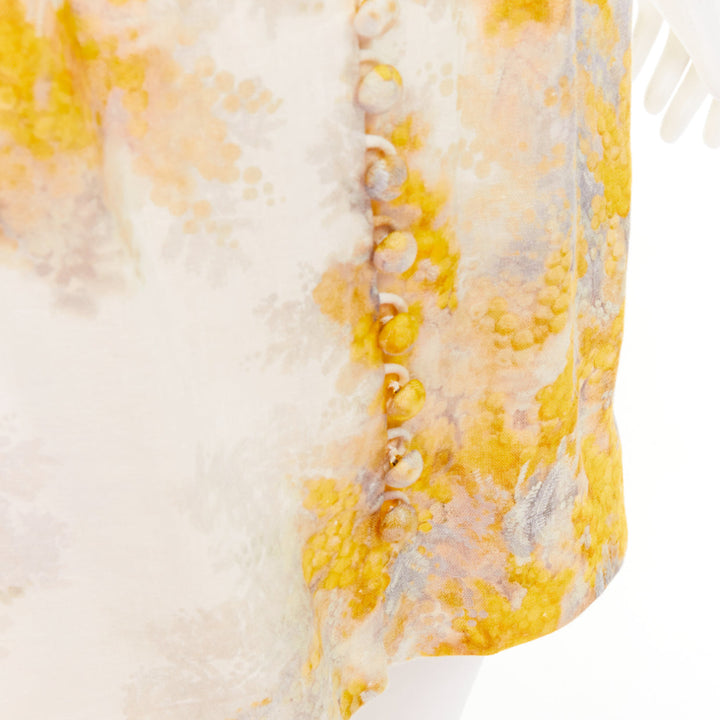ZIMMERMANN 2021 Botanica yellow grey linen Wattle floral puff sleeve dress Sz1 S
