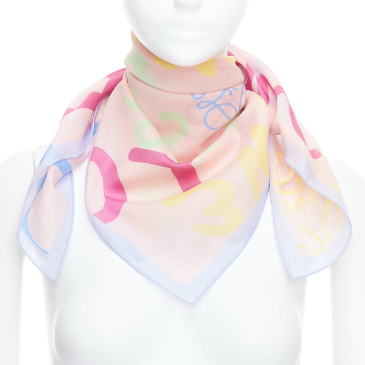 LOEWE pink patel multicolor cotton silk logo print square scarf