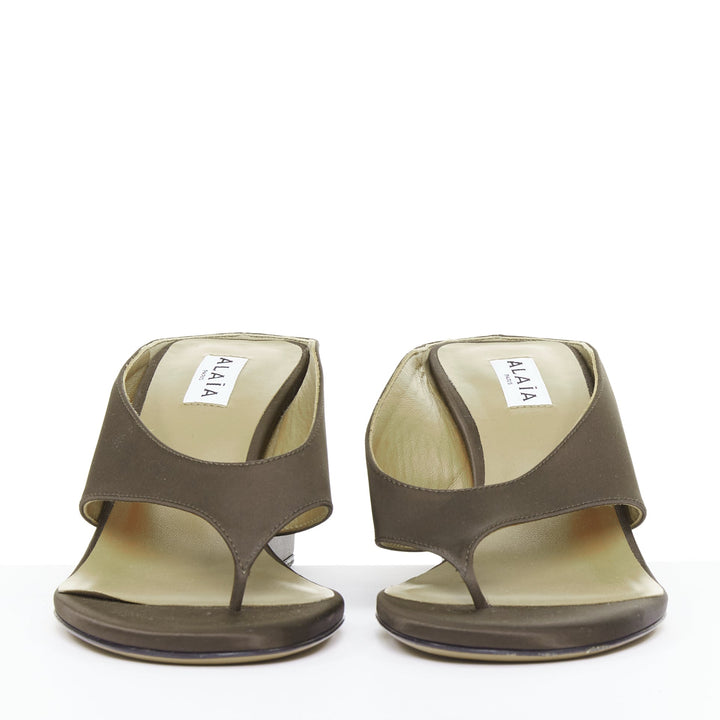 ALAIA Tong 75 brown satin sculptural wedge open toe thong sandals EU37