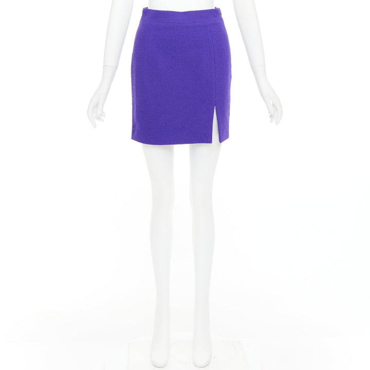 ALESSANDRA RICH royal purple virgin wool boucle front slit mini skirt IT38 XS