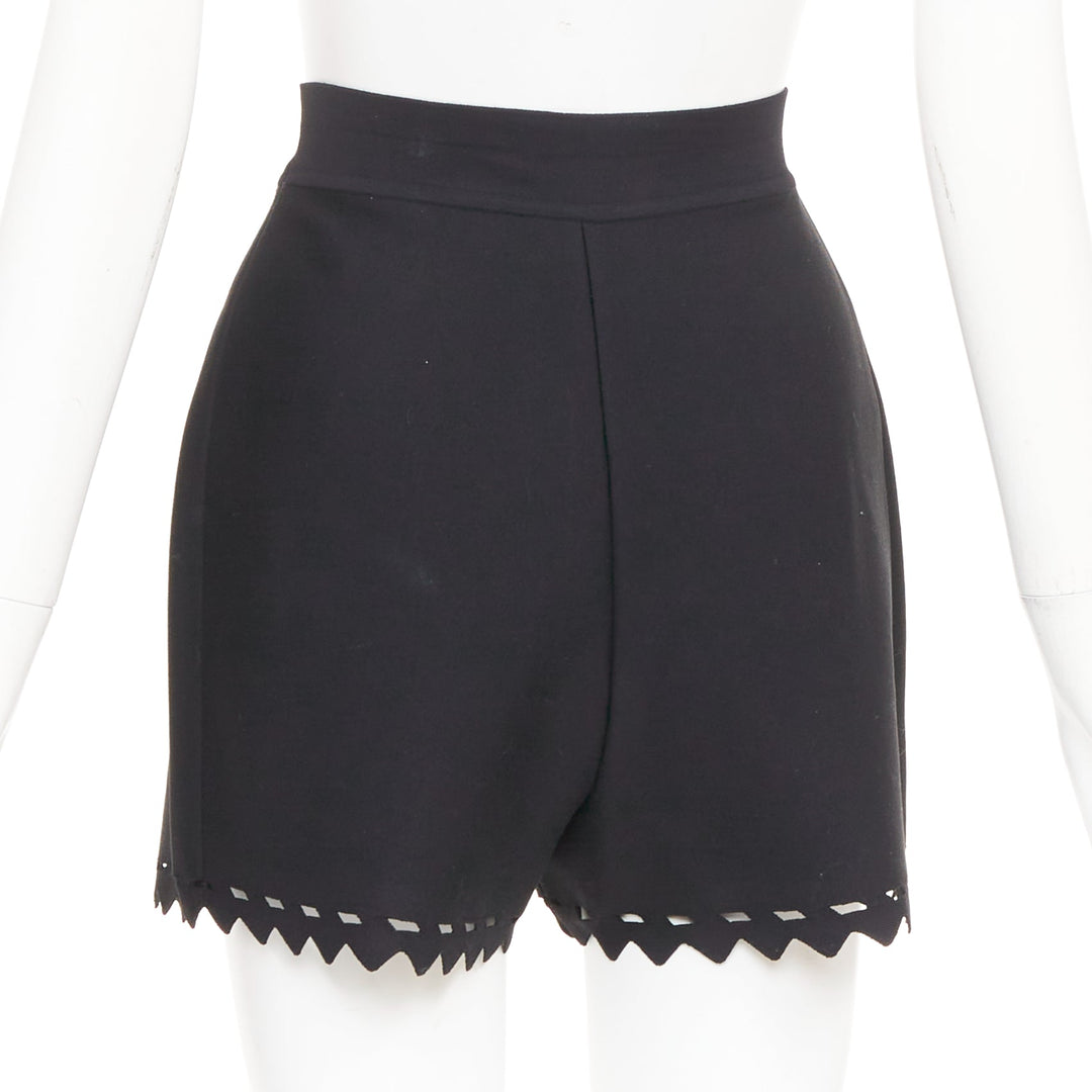 ALAIA black laser cut out high waist scallop edge knit pleated shorts FR36 S