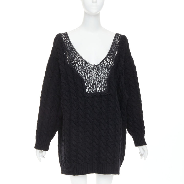 BALENCIAGA DEMNA 2017 black wool cable knit lace plunge oversized sweater FR