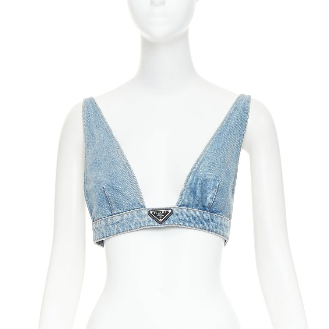 PRADA 2021 Organic Denim Bralette blue washed triangle logo plunge top IT42 M