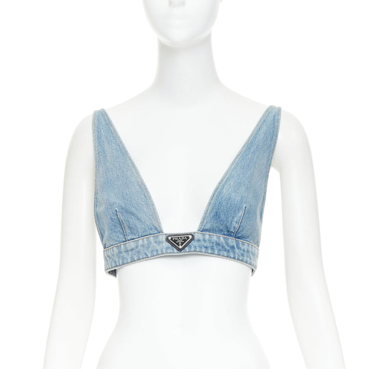 PRADA 2021 Organic Denim Bralette blue washed triangle logo plunge top IT42 M