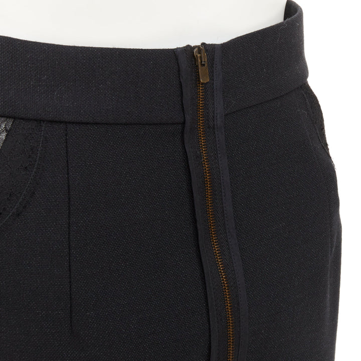 STELLA MCCARTNEY black wool blend lace side panels cut out pencil skirt IT38 XS