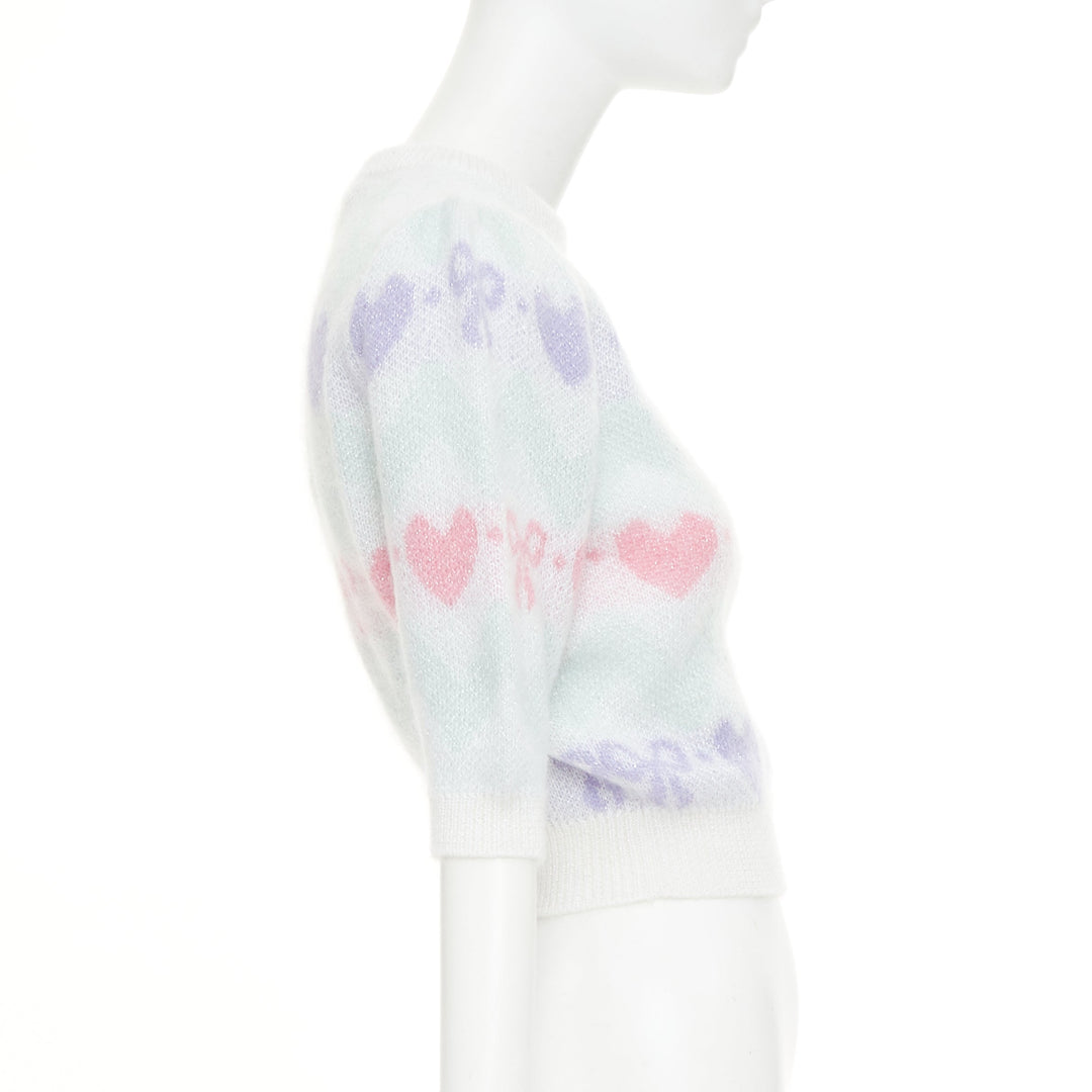ALESSANDRA RICH Pastel hearts bows jacquard metallic mohair blend top IT38 XS