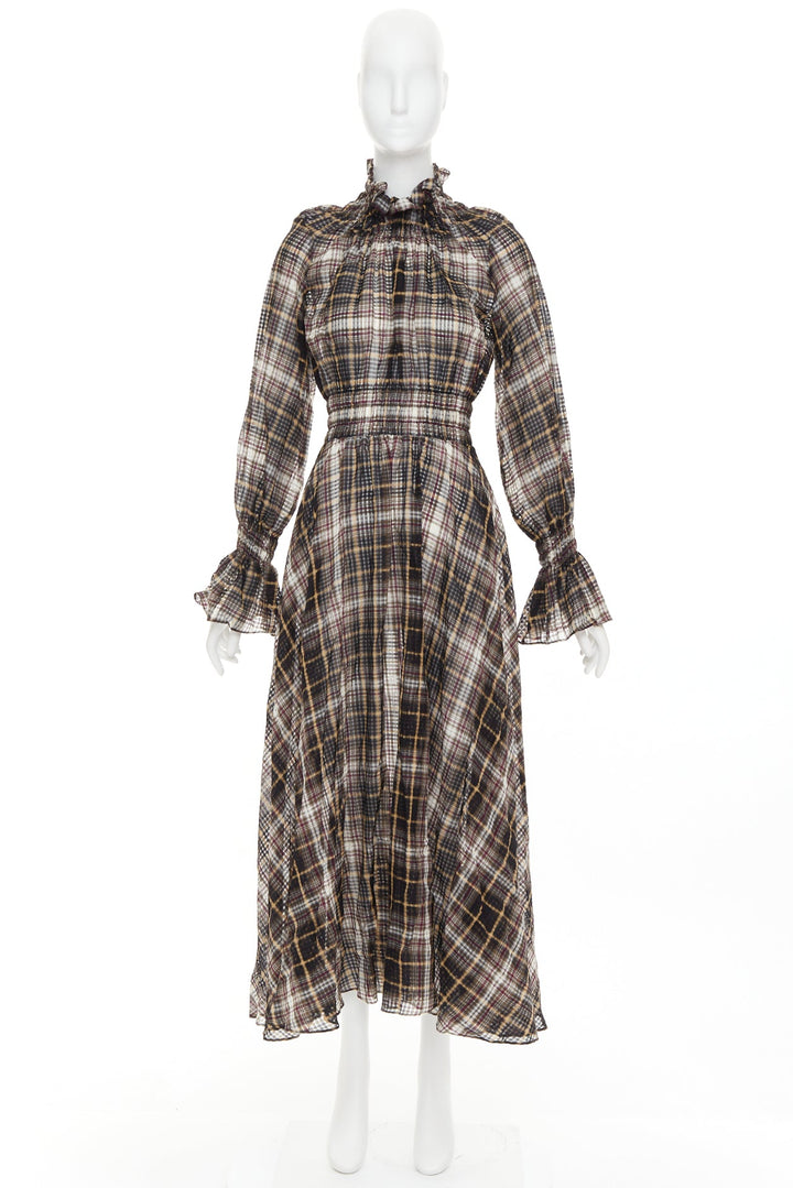 BEAUFILLE brown cotton silk check sheer ruched neck sleeves peasant dress US0 S