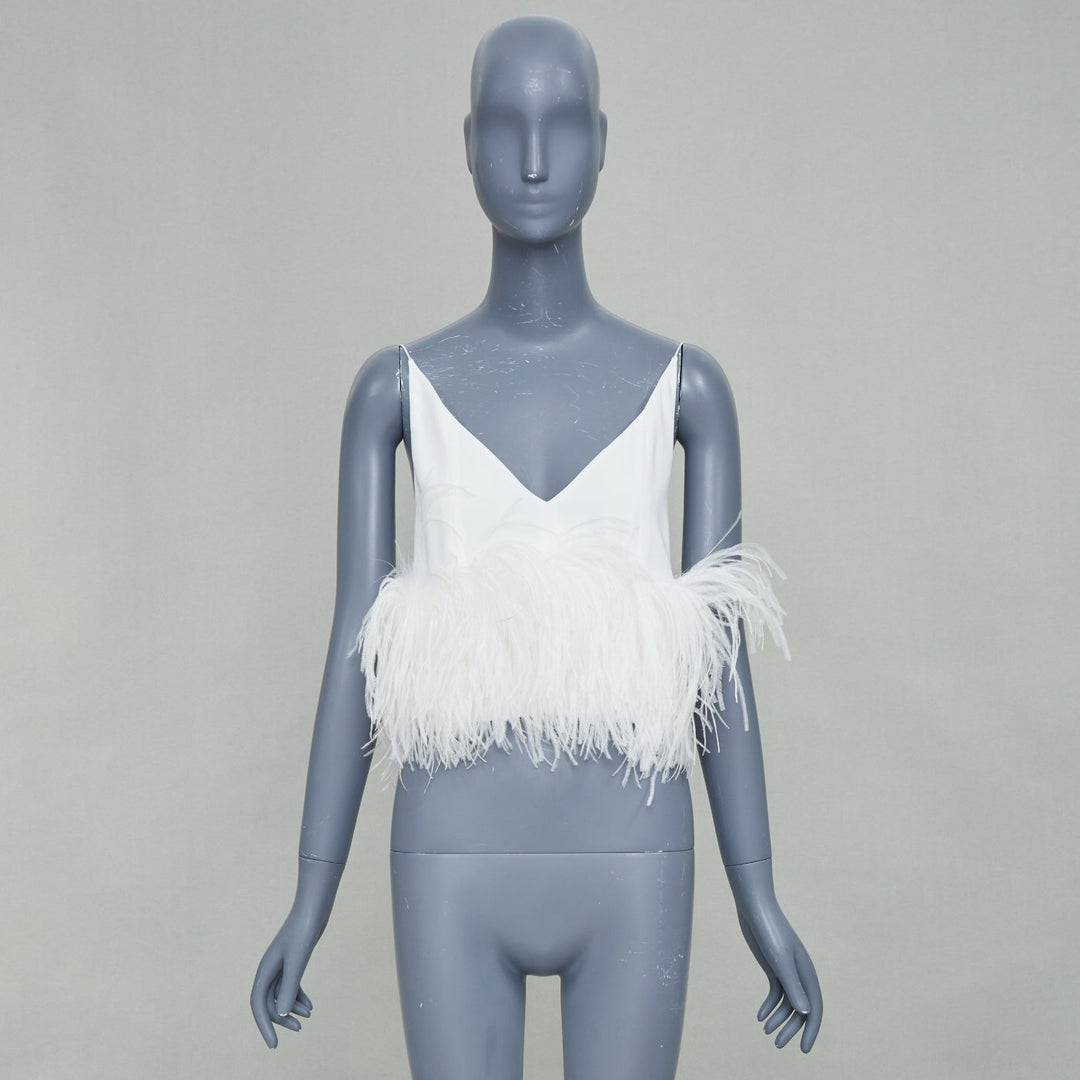16ARLINGTON Poppy white crepe ostrich feather trim camisole evening top UK8 S