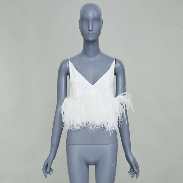 16ARLINGTON Poppy white crepe ostrich feather trim camisole evening top UK8 S