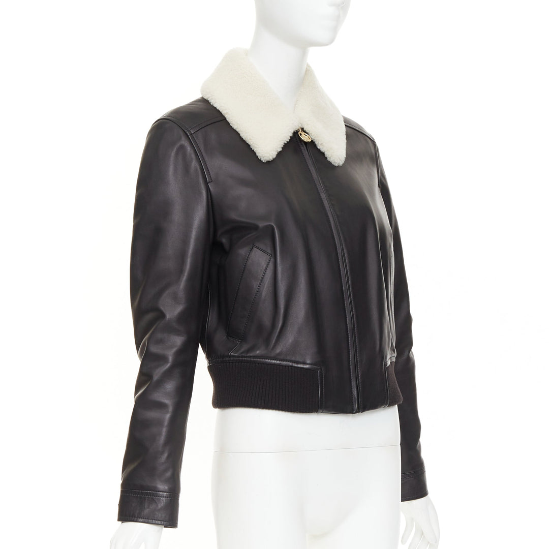 LANVIN 2021 black lambskin leather shearling collar crop aviator bomber FR38 M