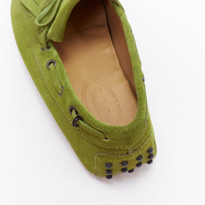 TOD'S moss green suede leather fringe tongue dot sole driving loafer UK7 EU41