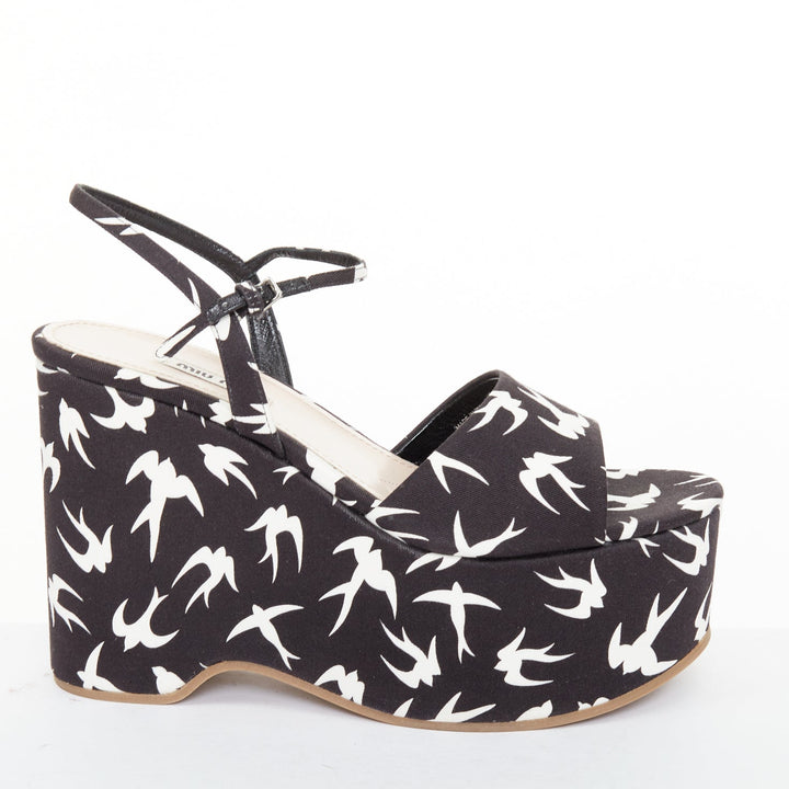 MIU MIU 2010 Runway swallow print navy canvas open toe platform wedge EU39